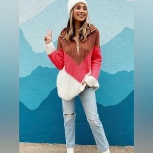 SHOW ME YOUR MUMU Brown pink & white half zip mock neck oversized sweater size S